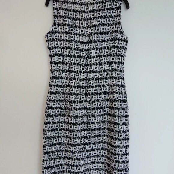NWT OSCAR DE LA RENTA Navy Blue White Wool Cotton Tweed SLVS Pencil Dress 6, 10 - Picture 7 of 7